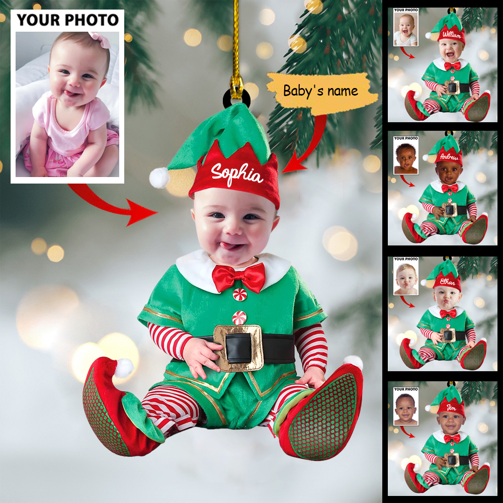 Cute Baby Elf Ornament Custom Name Christmas Ornament