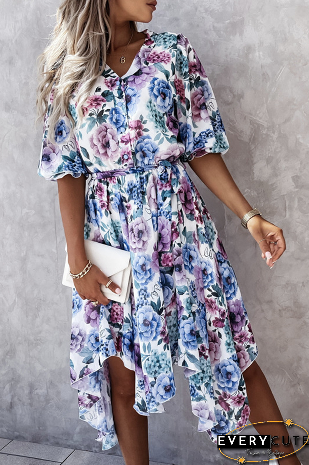 Fashion Elegant Floral Buckle With Belt V Neck Irregular Dress Dresses