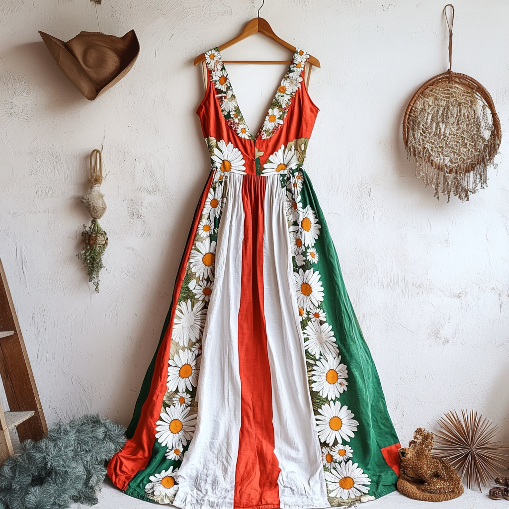 Abito senza maniche vintage da donna con bandiera italiana e margherite