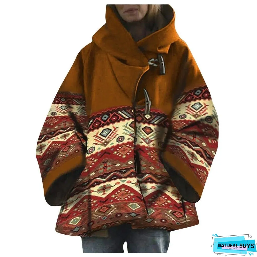 Women's Winter Loose Retro Printed Woolen Colors Coats