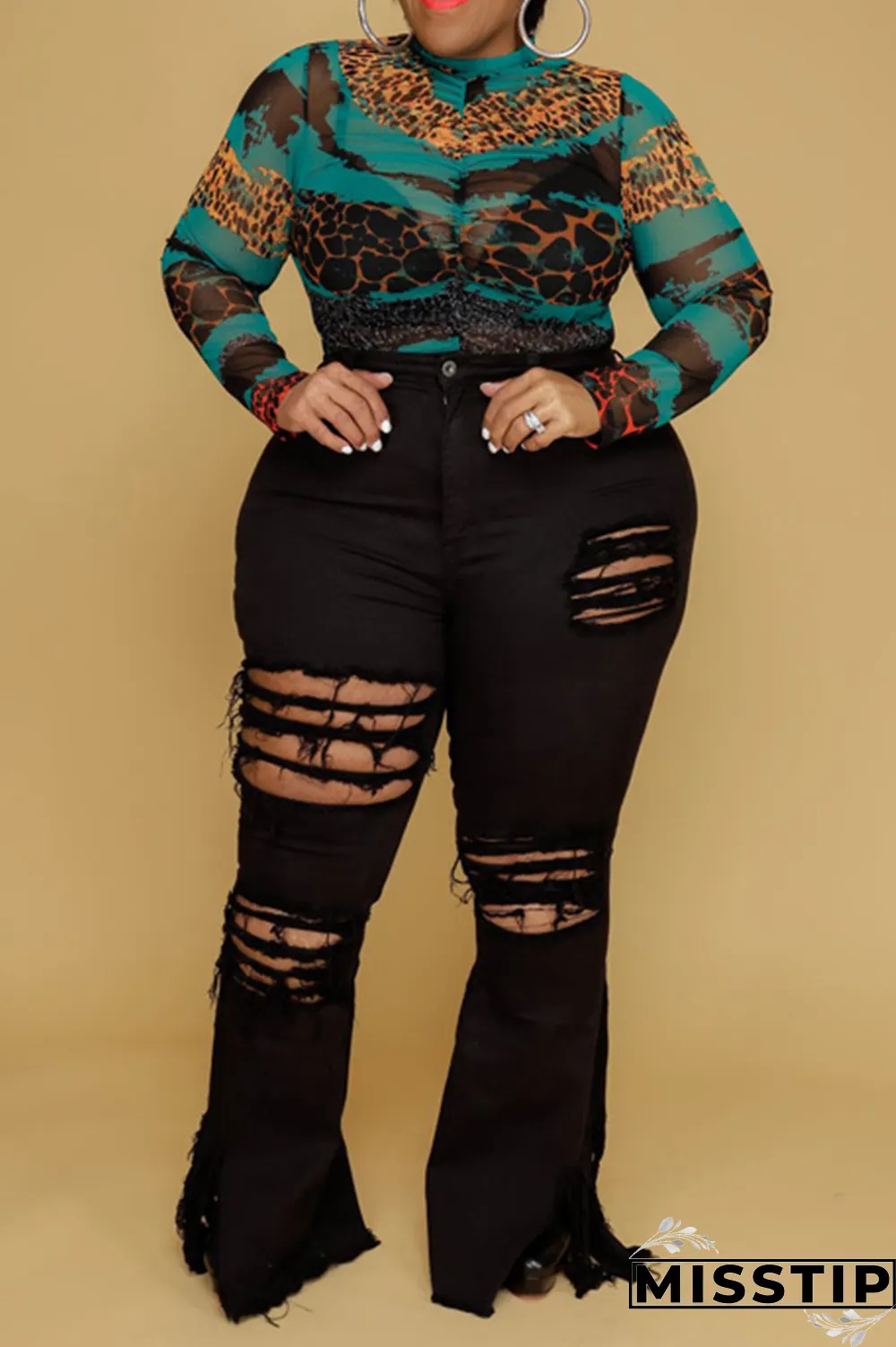 Dark Blue Sexy Solid Ripped Plus Size Jeans