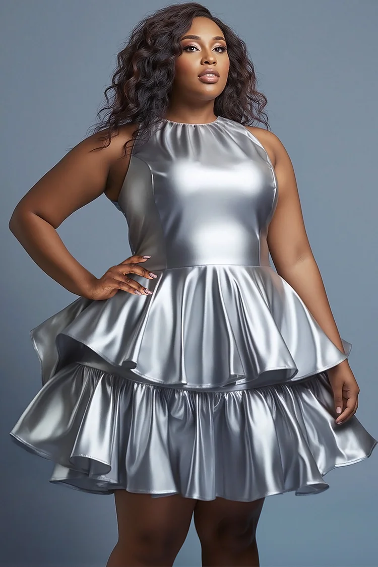 Xpluswear Design Plus Size Party Silver Round Neck Ruffle Tiered Glitter Mini Dresses [Pre-Order] 2024 - Xpluswear