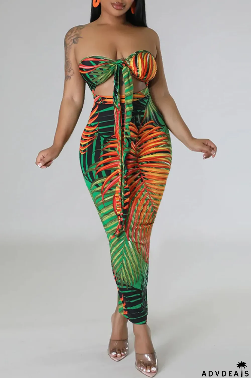 Green Sexy Print Bandage Patchwork Backless Halter Pencil Skirt Dresses