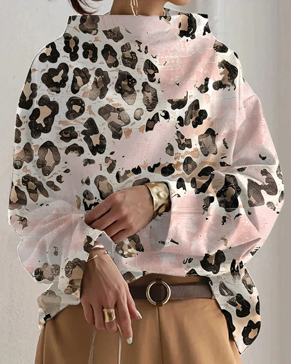 Women's Retro Half Turtleneck Pink Leopard Print Loose Casual Sweatshirt