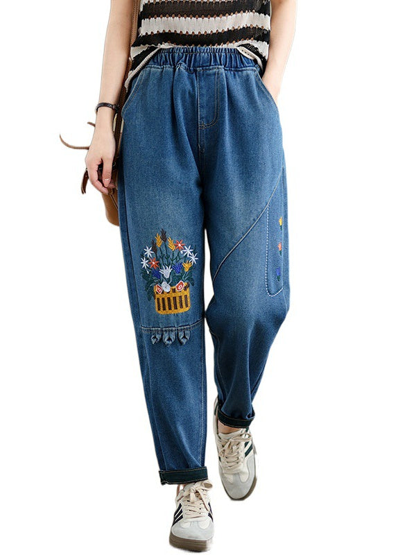 Women's loose Casual Vintage Patch Embroidered Oversized Jeans Pants
