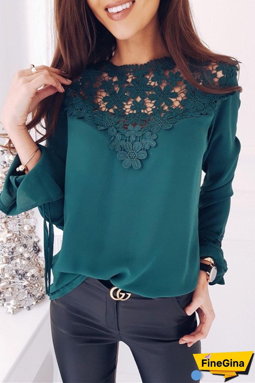 Lace Patchwork Chiffon Solid Blouse