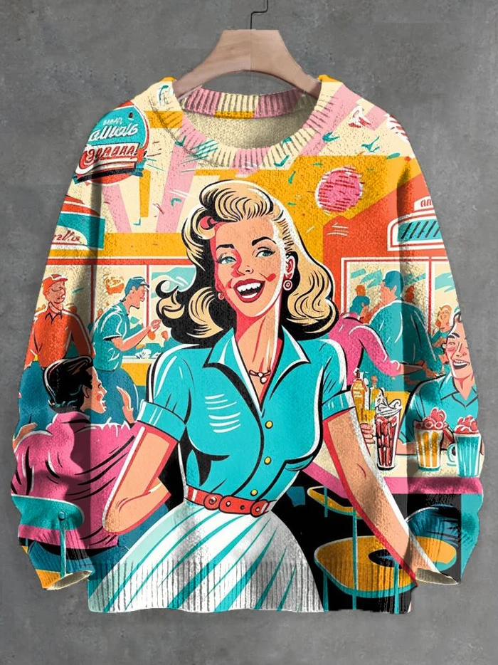 Men's Vintage American Diner Girl Illustration Print Knit Sweatshirt