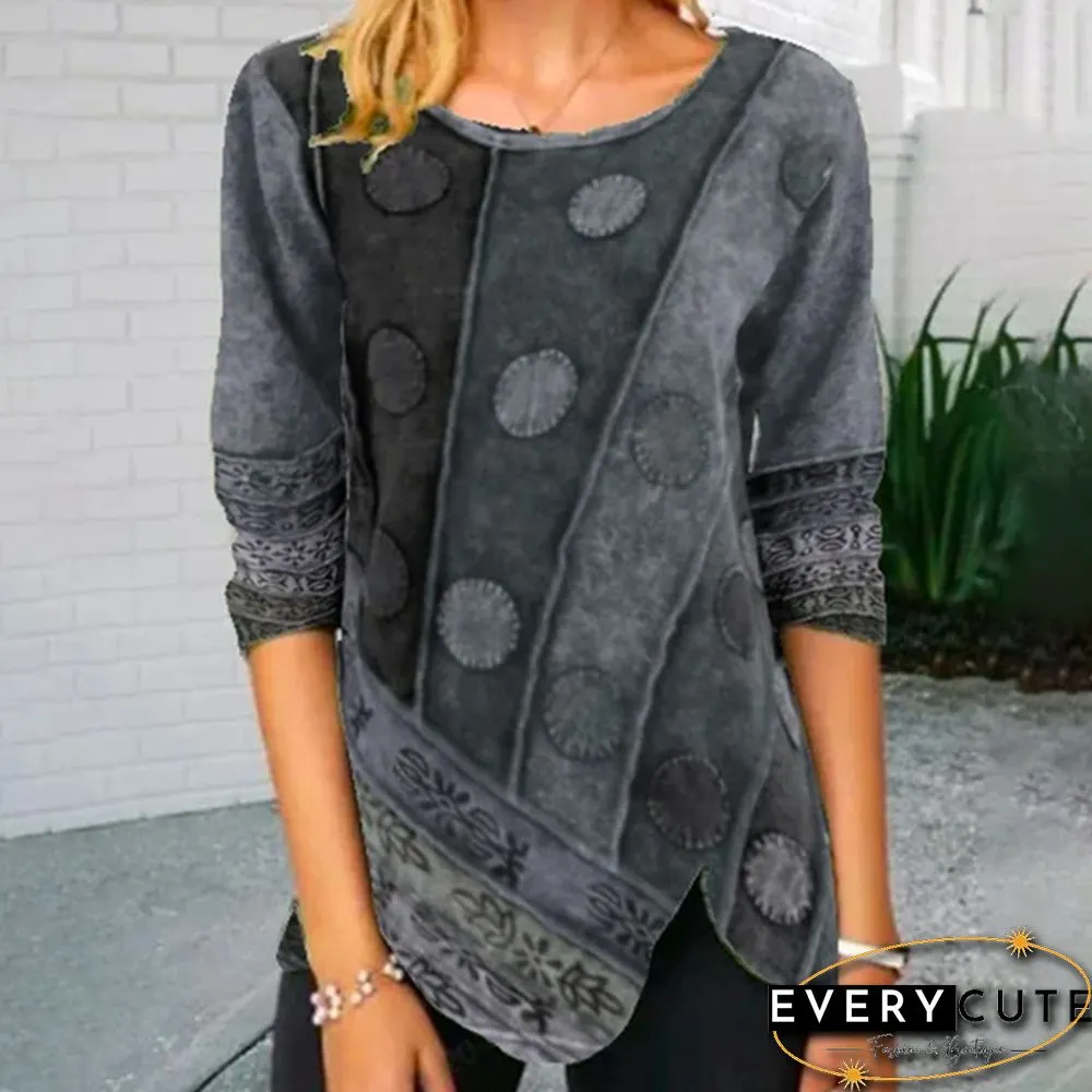 Womens Fashion Autumn and Spring Printed Long-sleeved Round-neck Casual T-shirt Loose Plus