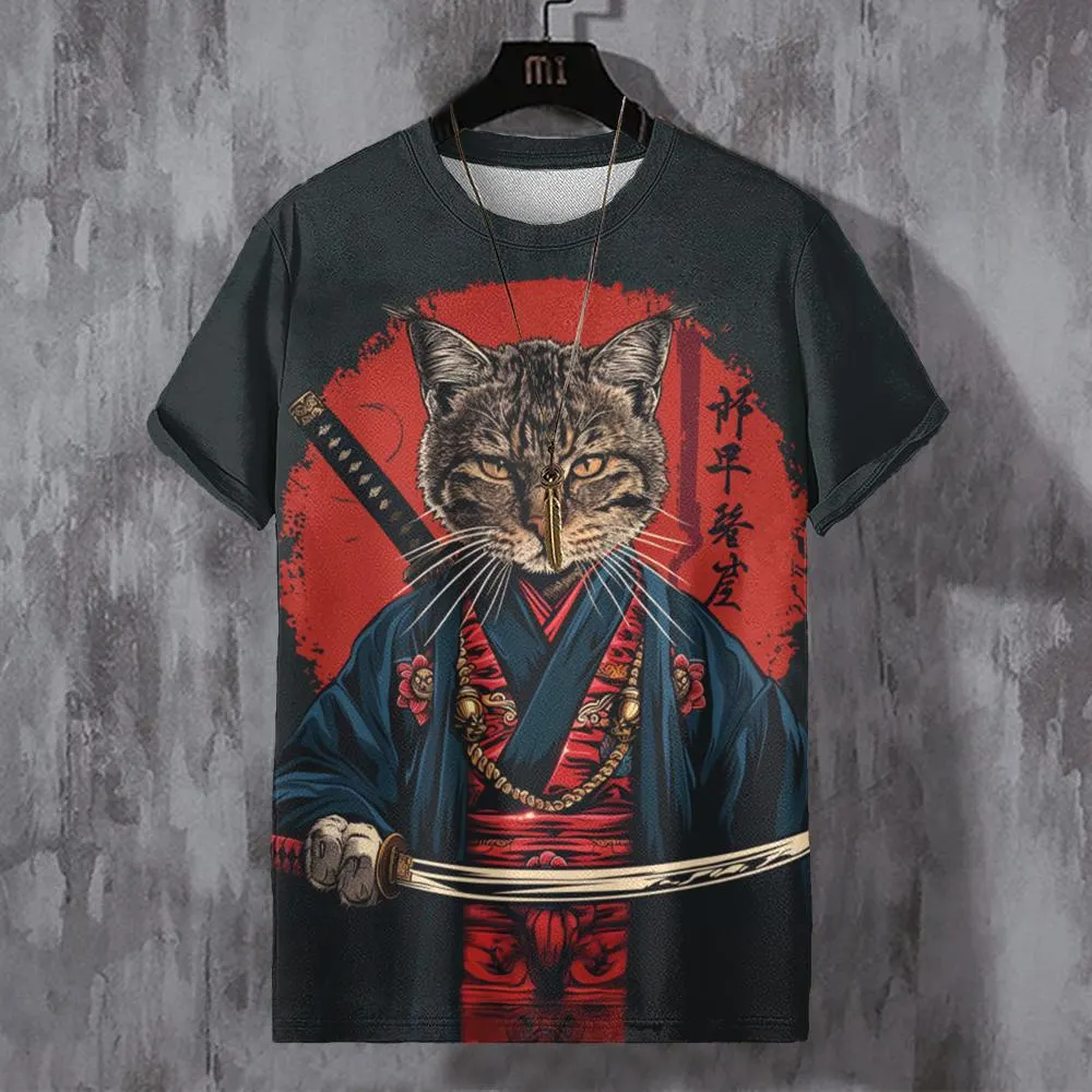 Men's Japanese Samurais Cat Print T-shirt  artssus