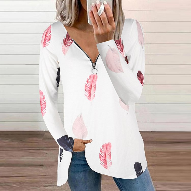 Women's Plus Size Long Sleeve Tops Casual Feather Print Zip Up V Neck T Shirt