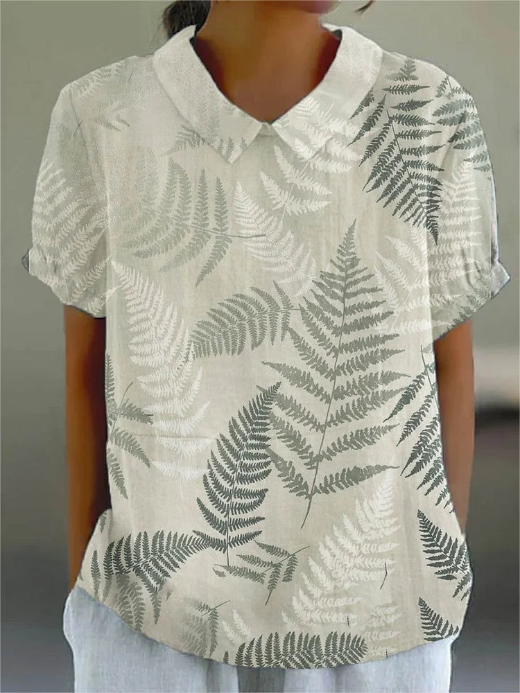Women's Flower And Leaf Art Pattern Print Casual Cotton And Linen Shirt