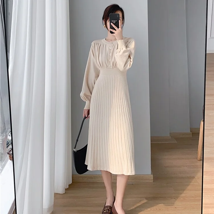 2021 New Autumn Winter Women Lantern Sleeve Sweater Dress Ladies Casual A-Line Midi Knitted Dresses Vestidos