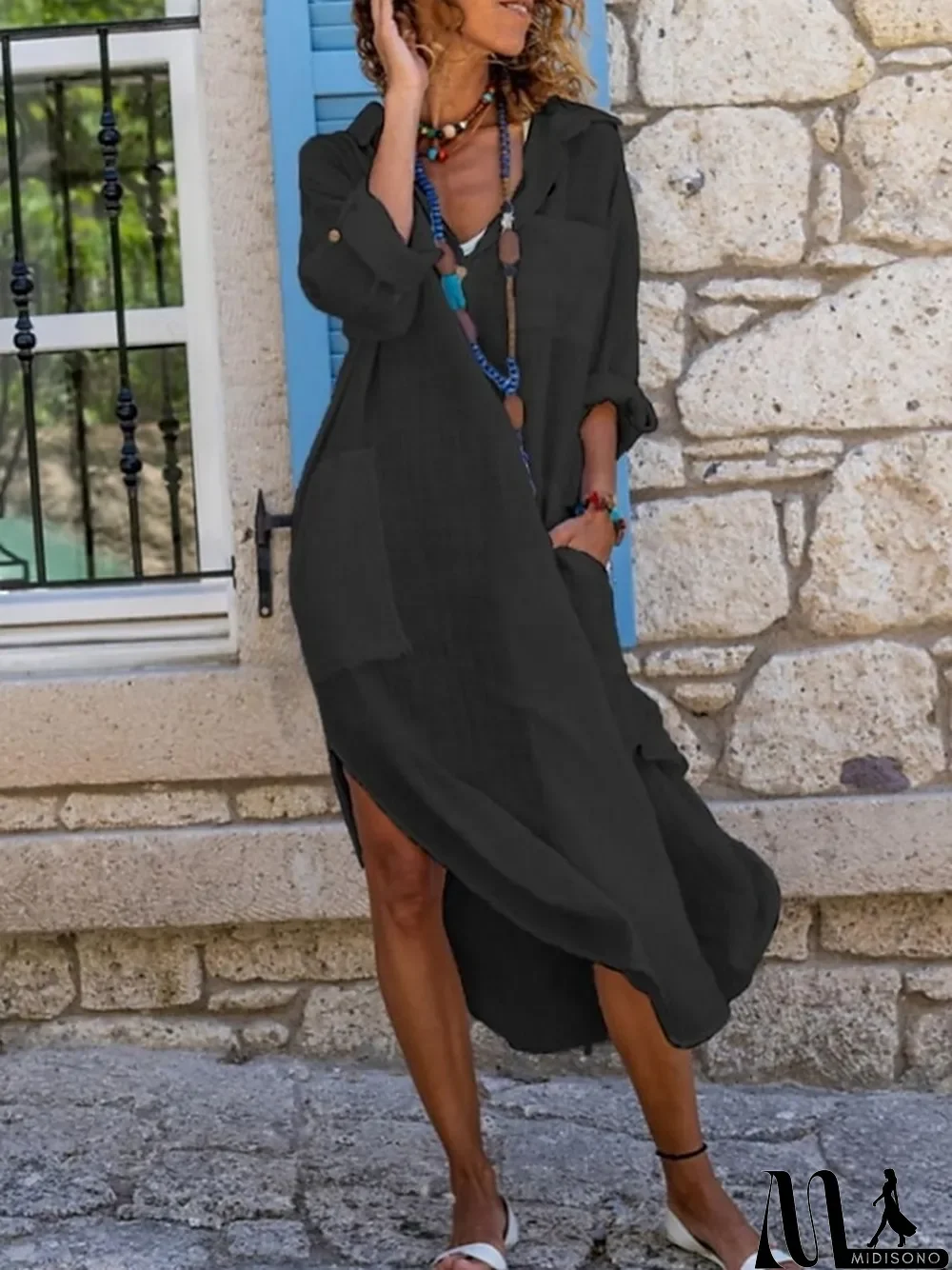 MidiSono - Women's Shirt Dress Casual Dress Cotton Linen Dress Midi Dress Bamboo Modern Casual Daily V Neck Button Pocket 3\/4 Length Sleeve Spring Fall Regular Fit Black Pink khaki Plain S M L XL 2XL