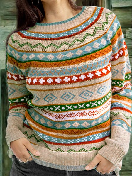 Color-Block Crew Neck Long Sleeve Geometric Sweater | EGEMISS
