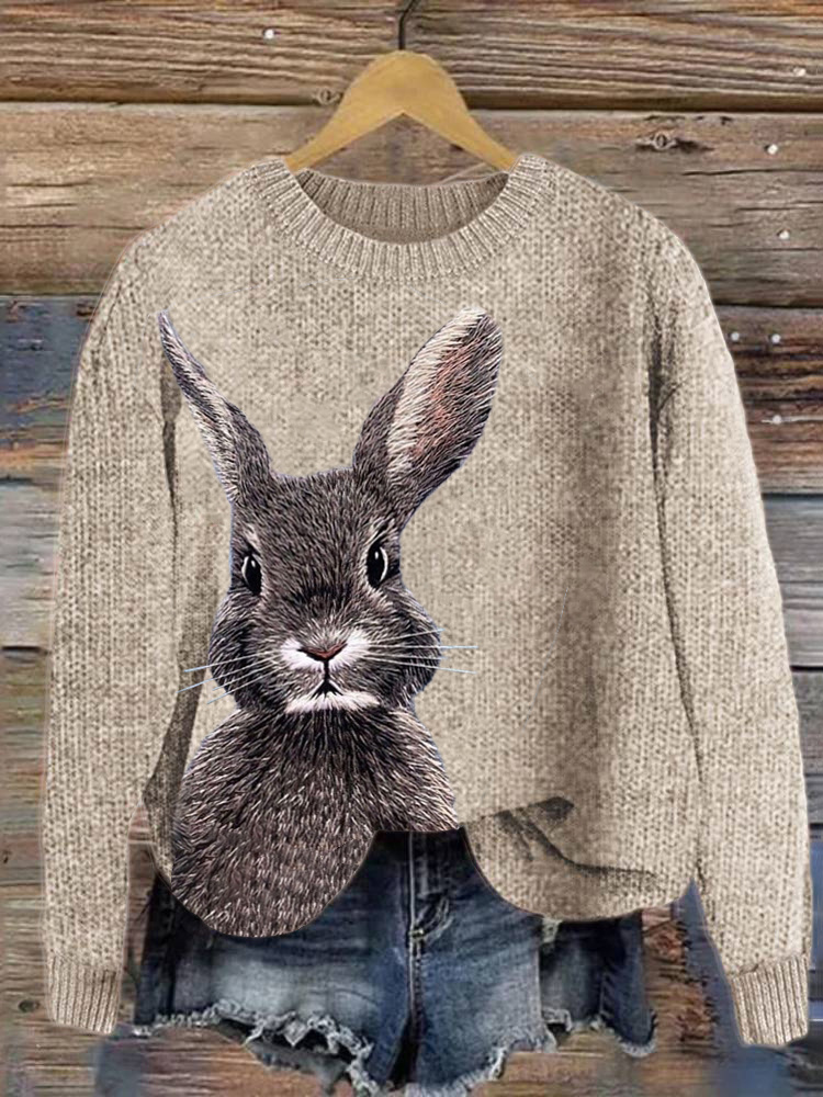 Comstylish Cute Bunny Embroidery Art Cozy Knit Sweater