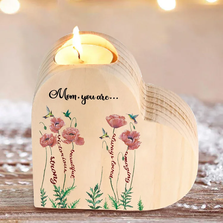 To My Mom-Wooden Heart Candle Holder Flower Candlesticks "you are strong" Gifts For Mother