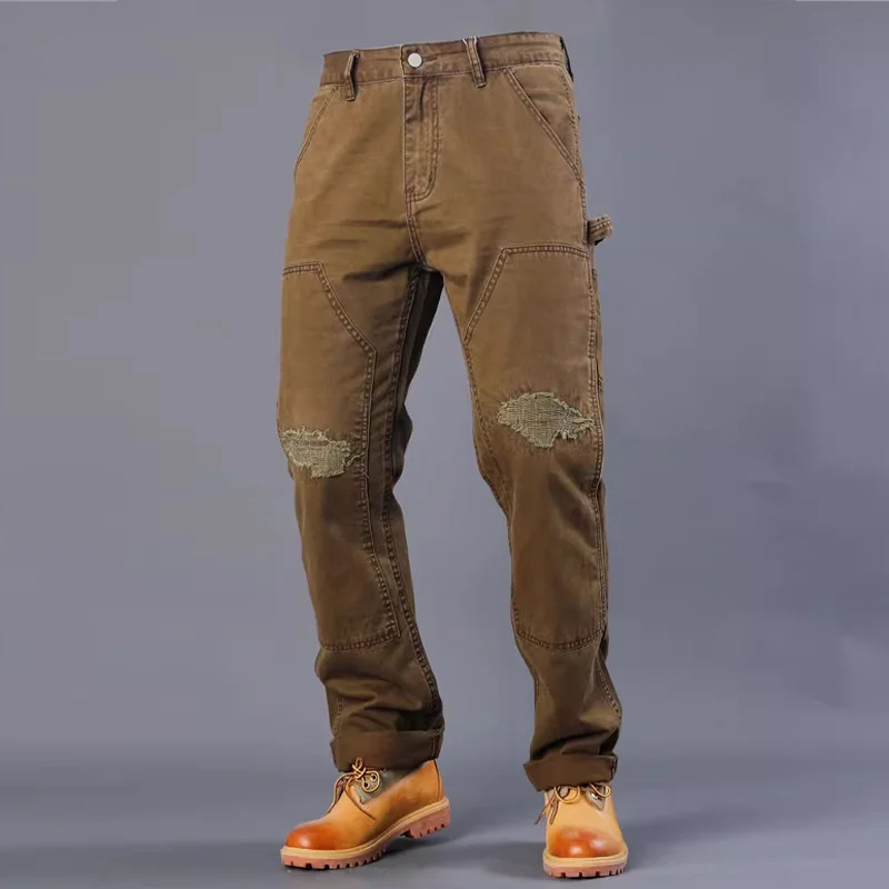 Retro Workwear Ripped Straight Brown Trousers