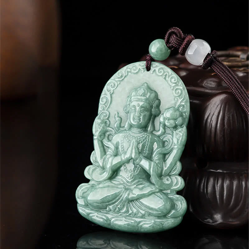 Four-armed Kwan Yin Avalokitesvara Natural Jade Abundance String Necklace Pendant