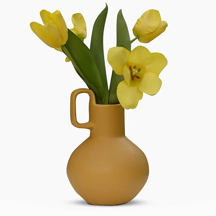 Round Ceramic White Yellow Flower Vases with Single Handle