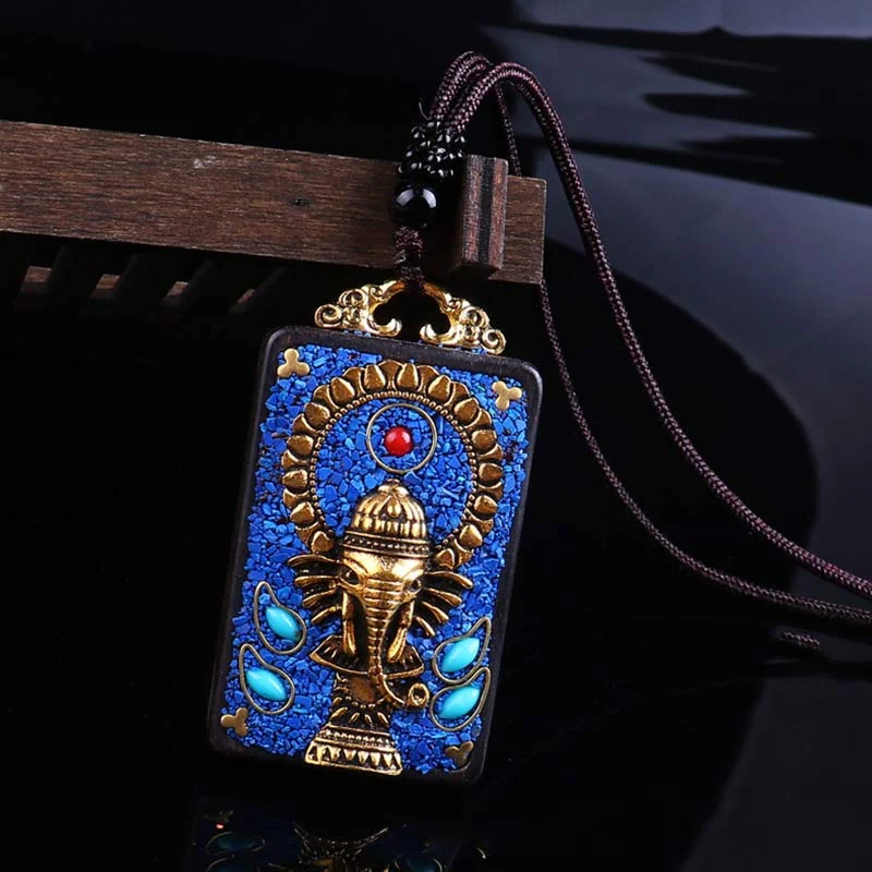 Ebony Wood Elephant Lotus Balance String Necklace Pendant