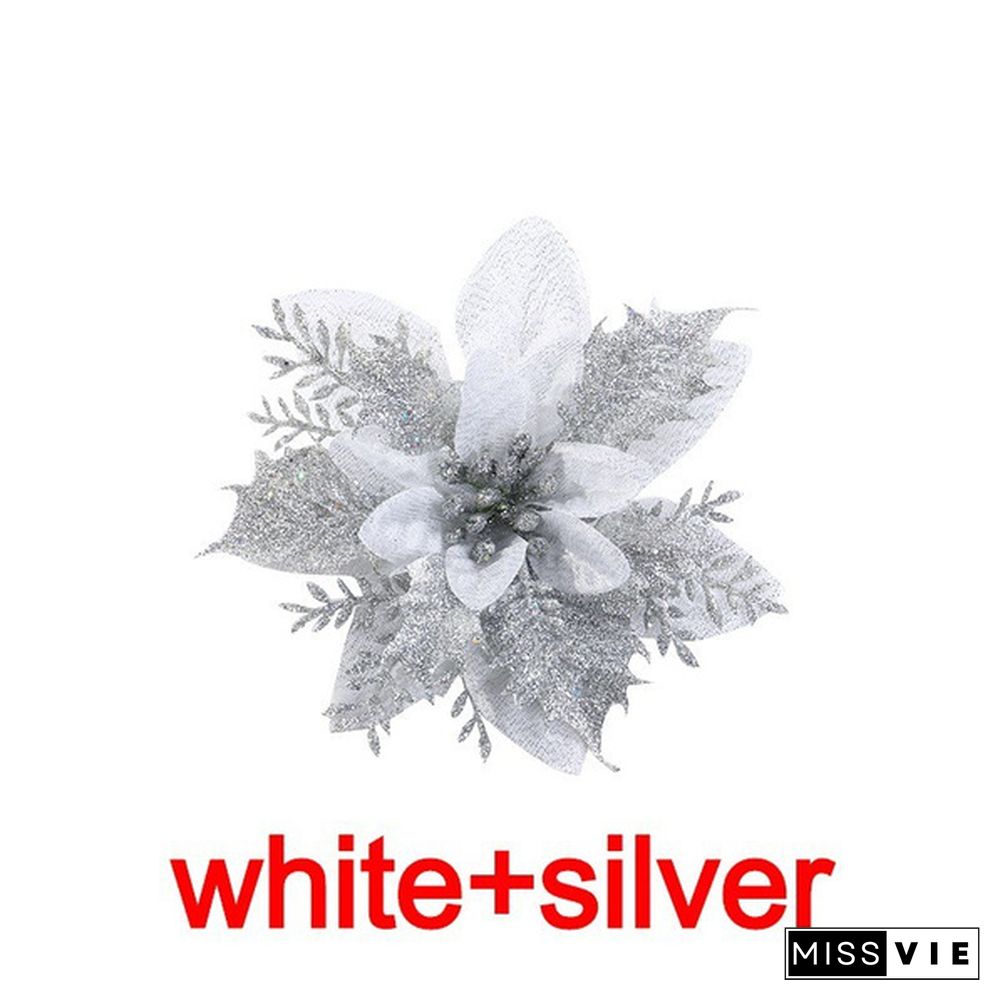 10 Pcs/Set Glitter Christmas Flower Poinsettia Christmas Tree Decorations Ornaments Christmas DIY Craft 11 Colors