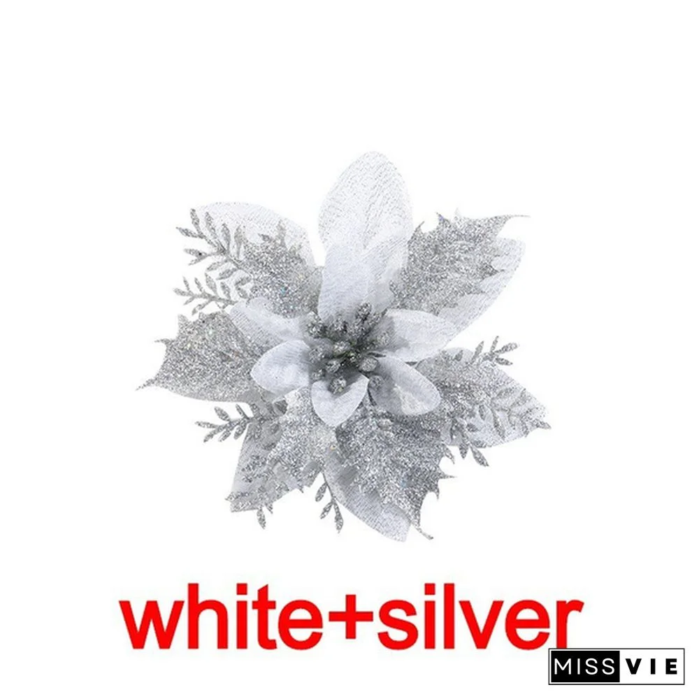 10 Pcs/Set Glitter Christmas Flower Poinsettia Christmas Tree Decorations Ornaments Christmas DIY Craft 11 Colors