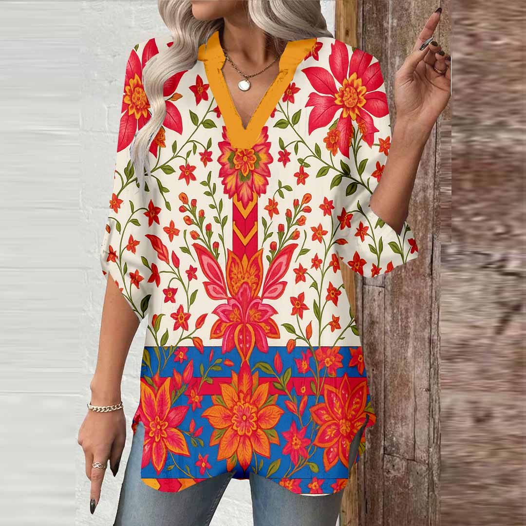 Women Tropical, Red, Blue DZGA0094 3/4 Sleeve V-neck Printed Graphic Button Tops