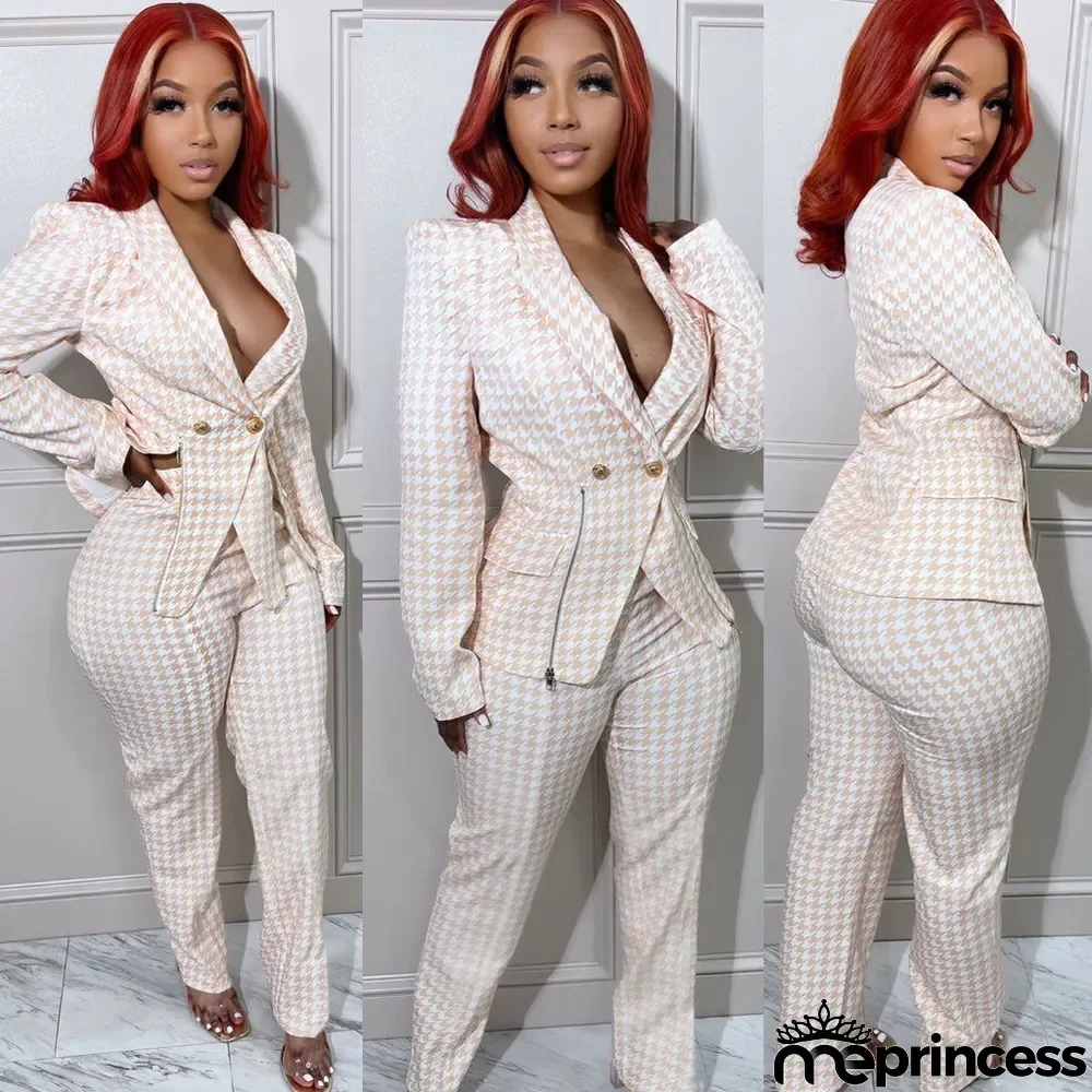 Women Printed Zip Blazer + Pant Two Piece