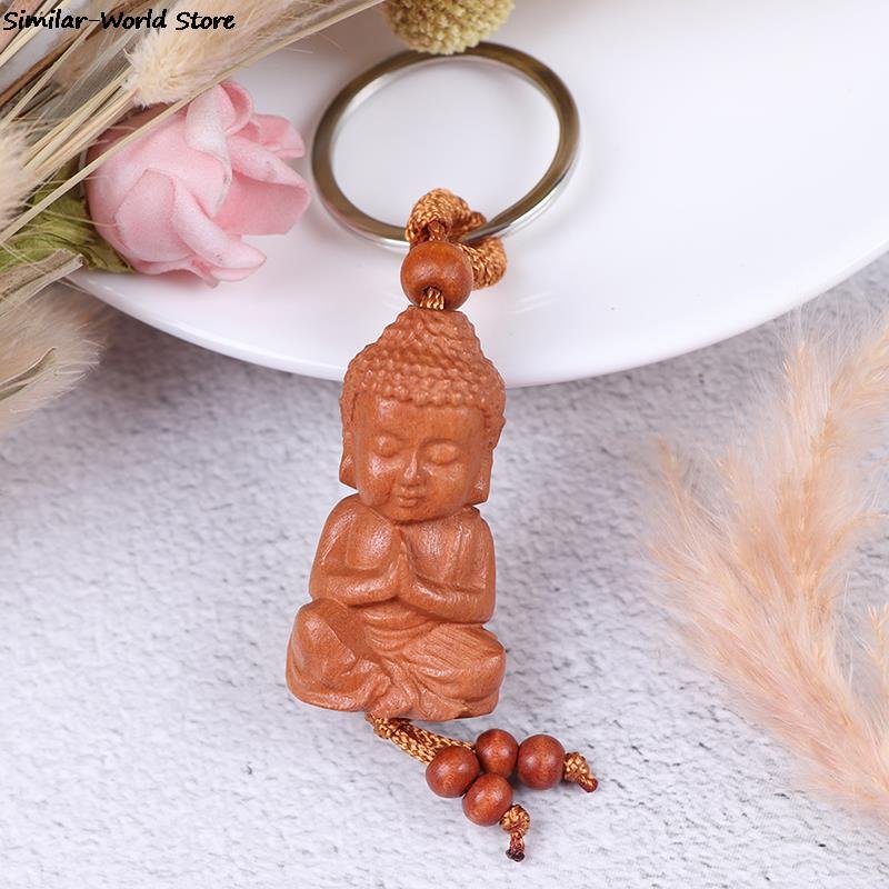 Mahogany Three-dimensional Engraving Key Chain Lifelike Buddha  Pendant Key Ring ewelry making For diy Car Accessories