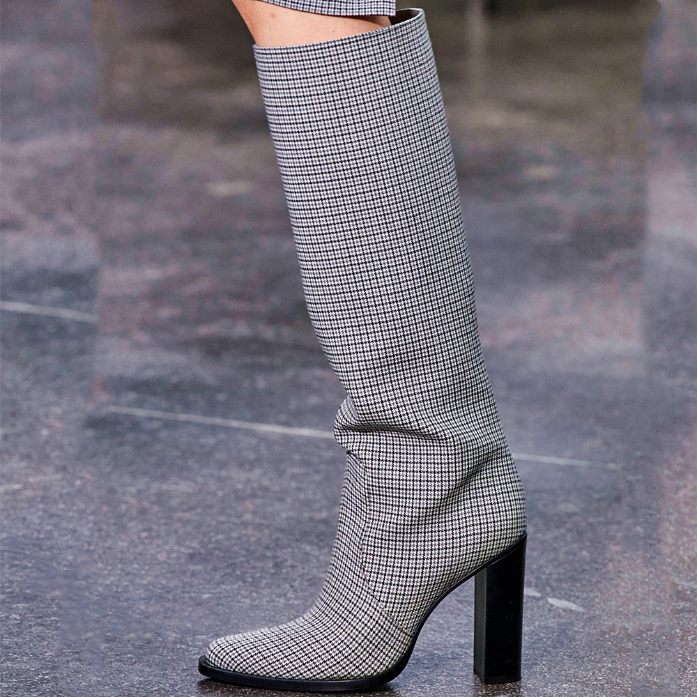 GOOSHOE Women Knight Knee High Boots Pointy Toe Block Heels Girl's Plaid Fabric Long Booties