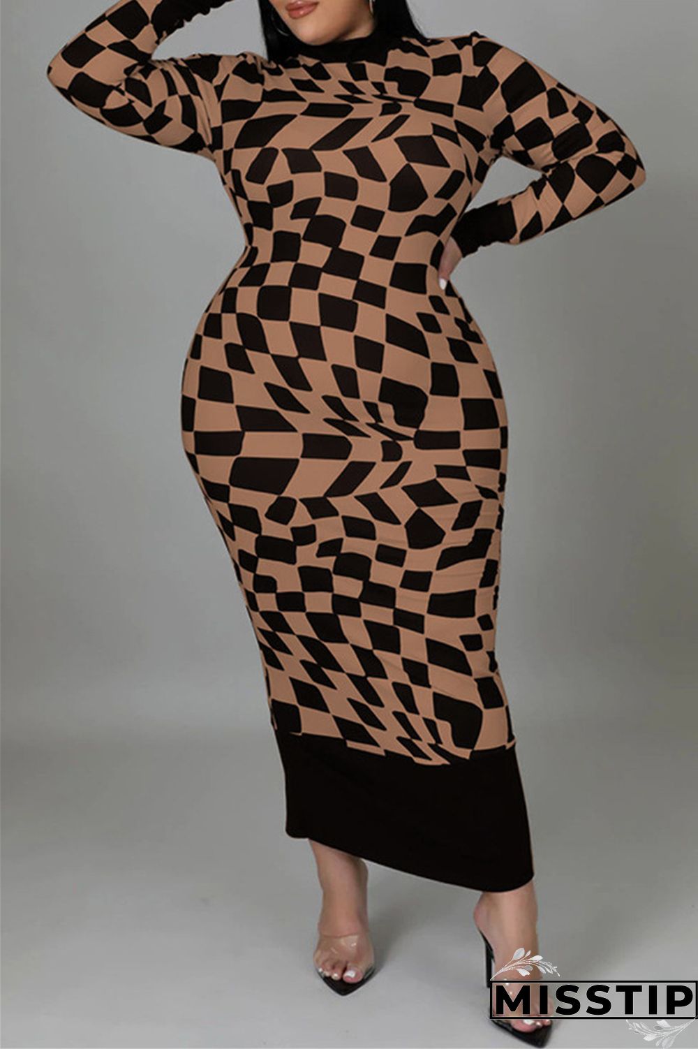 Yellow Casual Plaid Print Patchwork Half A Turtleneck Long Sleeve Plus Size Dresses