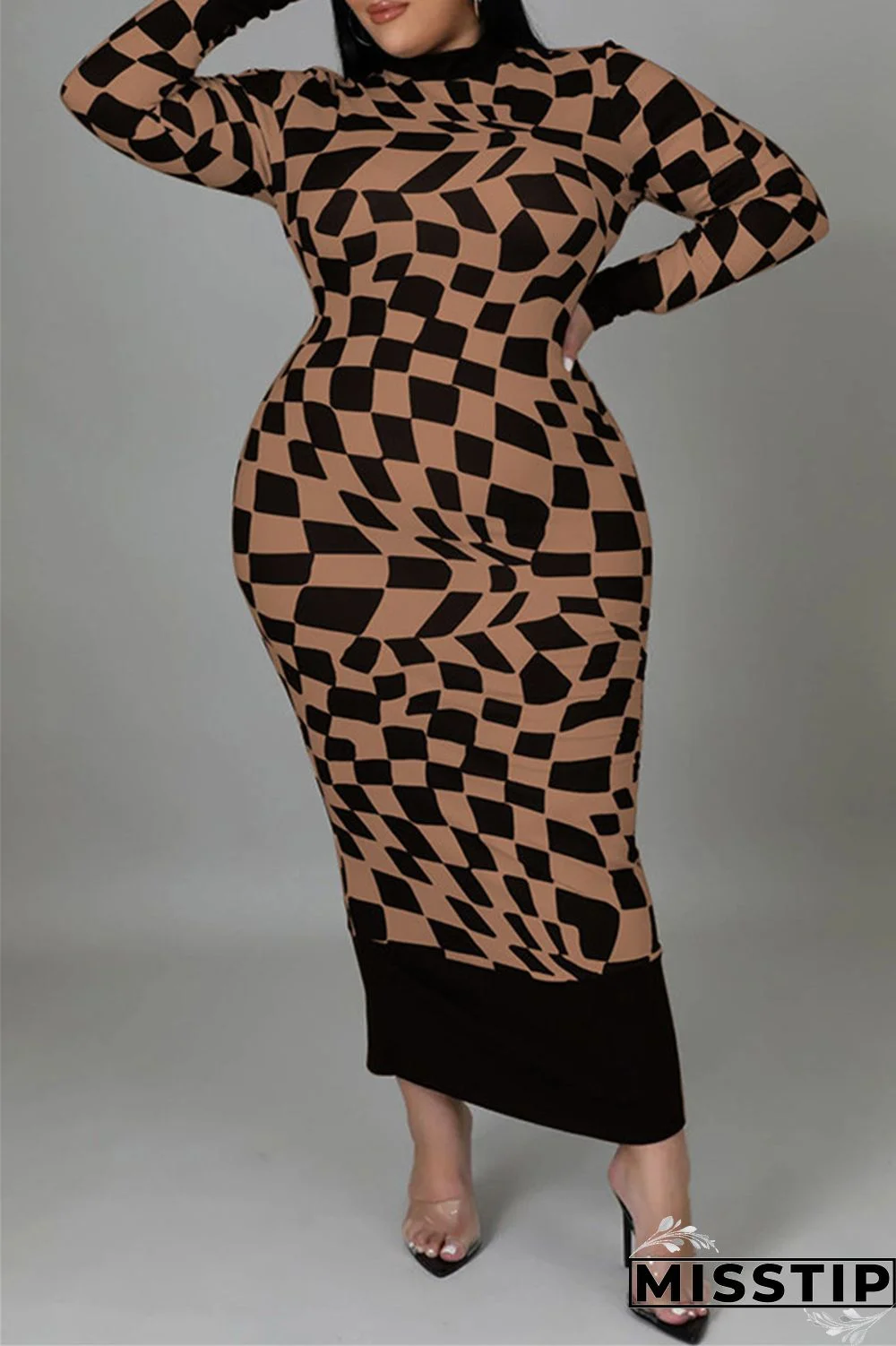 Yellow Casual Plaid Print Patchwork Half A Turtleneck Long Sleeve Plus Size Dresses