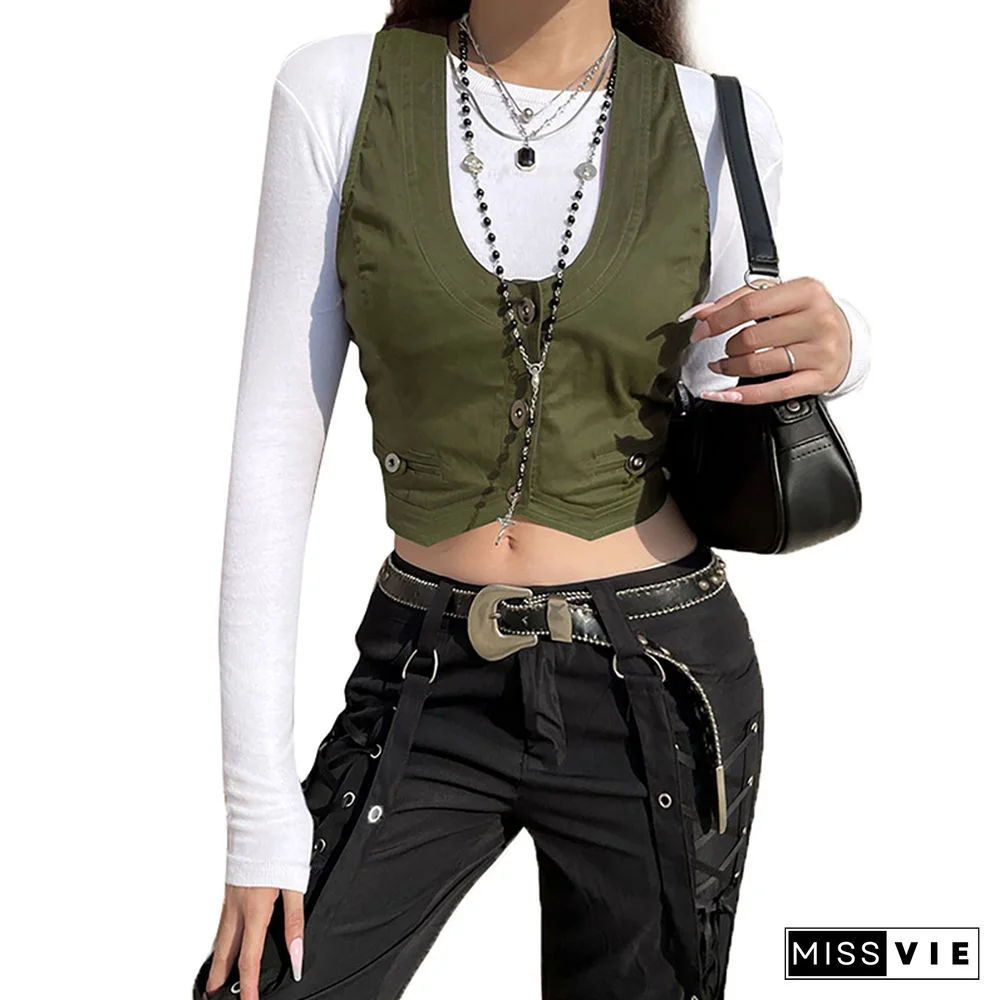 Women Fashion V-Neck Sleeveless Button Down Fitted Racer Back Classic Vest Shirts Separate Waistcoat For Formal Wear