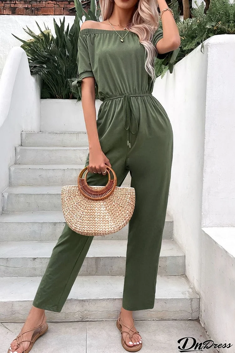 Off-Shoulder Tie Cuff Jumpsuit with Pockets