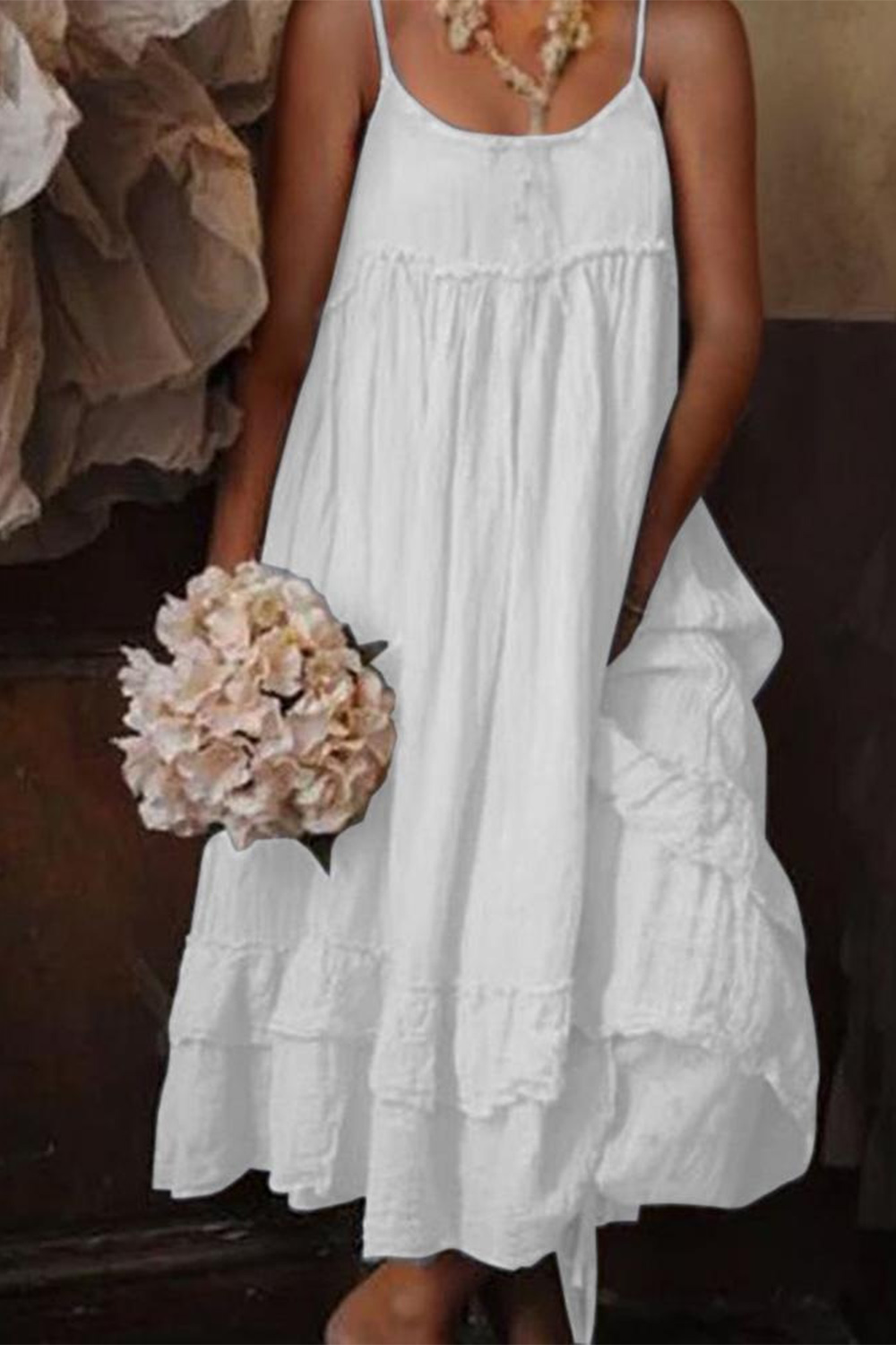 Plus Size Everyday White Solid Ruffle Layered Cami Maxi Dress 2024 - Flycurvy 
