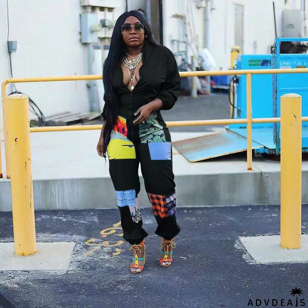 Fashion Casual Cute Positioning Print Zipper Jumpsuit