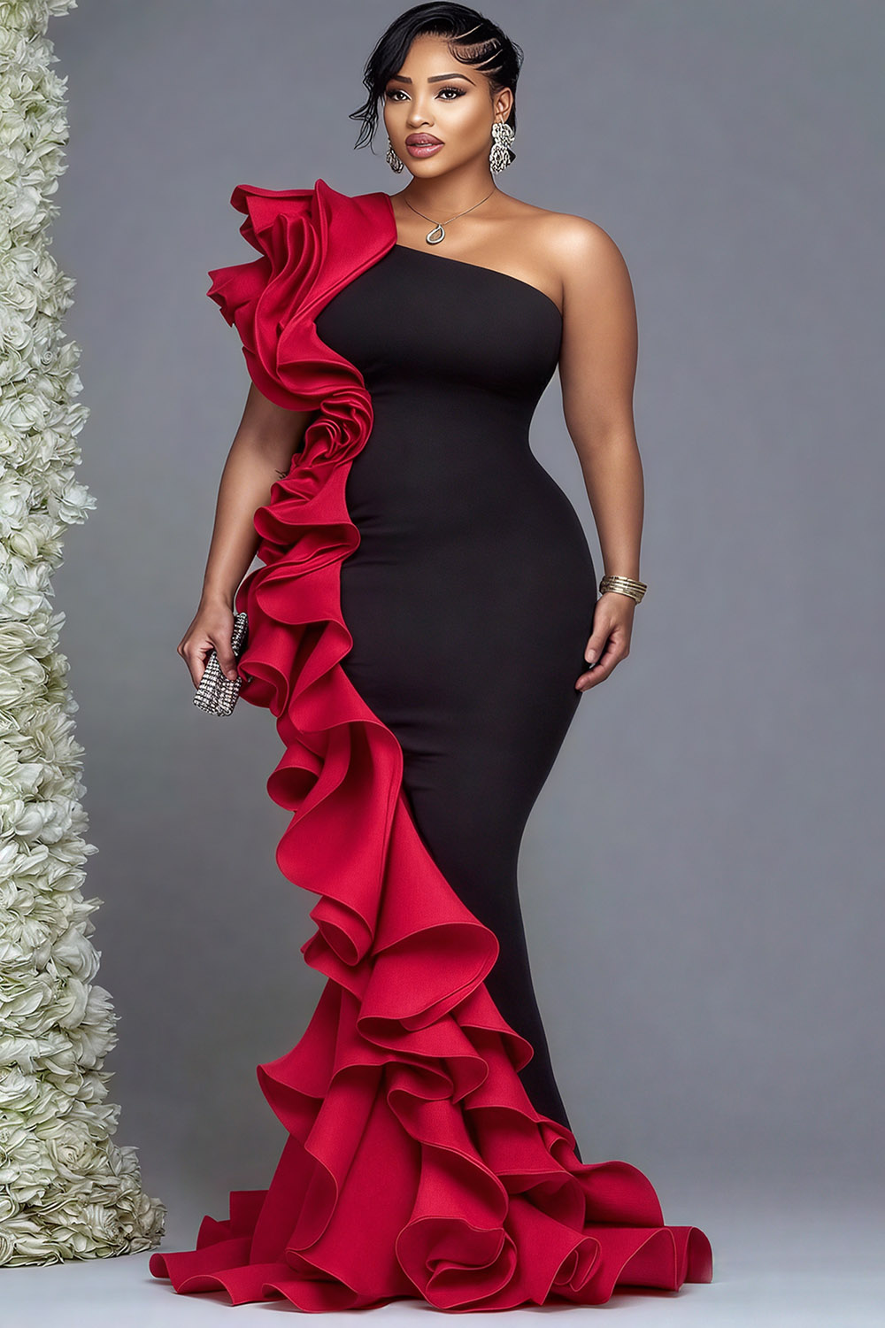 Xpluswear Design Plus Size Formal Red Colorblock One Shoulder Ruffle ...