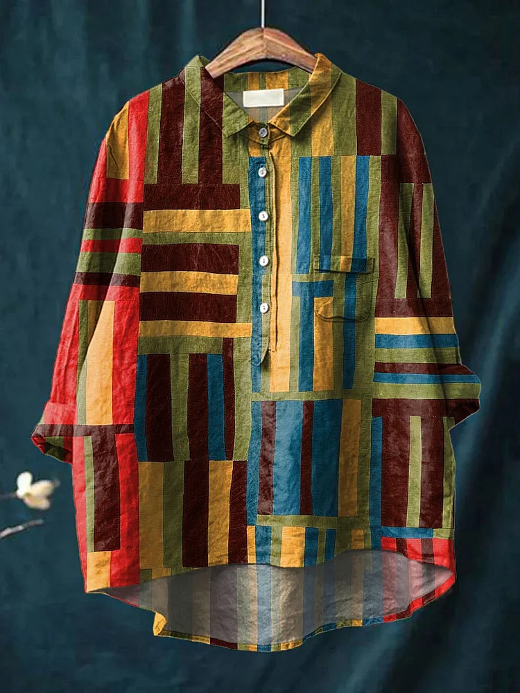 Vintage Geometric Pattern Art Print Casual Cotton And Linen Shirt