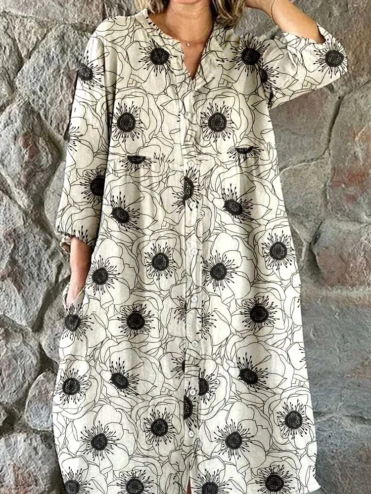 Womens Resort Art Rose Floral  Pattern Cotton Shirt Dress