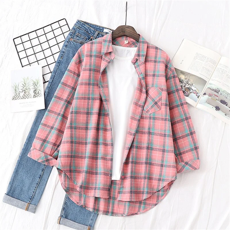 Women Blouses Shirts Womens Tops And Blouses 2020 Womenswear Long Sleeve Clothing Button Up Down Shirt Plaid Korean Female New