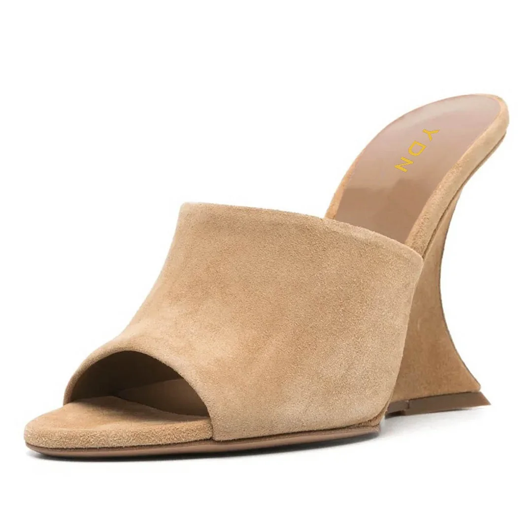 Women's Khaki Open Round Toe Wedge High Heel Slip On Mules Shoes