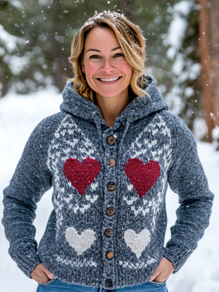 Utbros Women's Vintage Valentine's Day Heart Knitted Hood Sweater