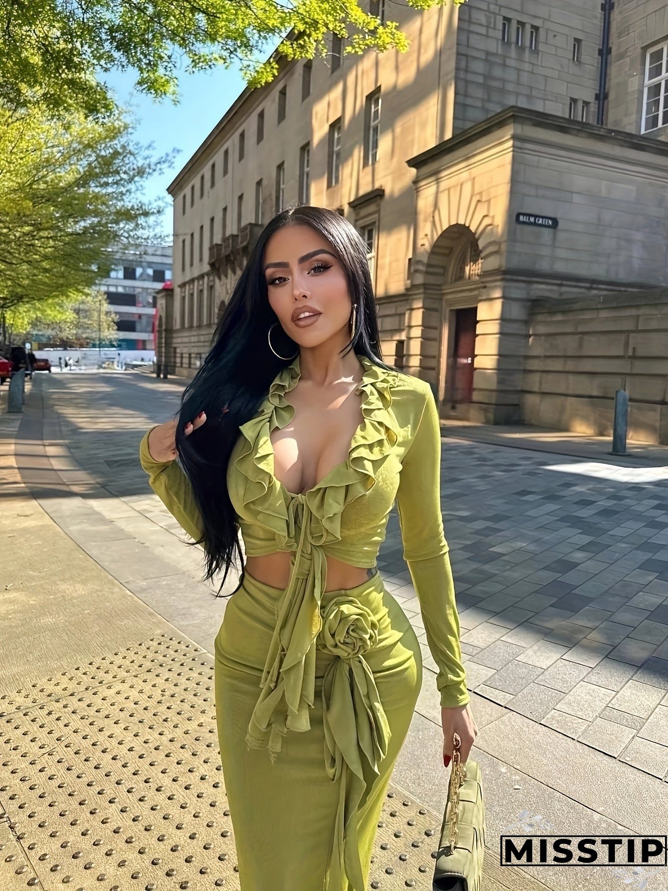 Sexy Ruffle Trim Slim Skirt Set, Long Sleeve Crop Top & Velvet Bodycon Skirt Outfits, Women's Clothing