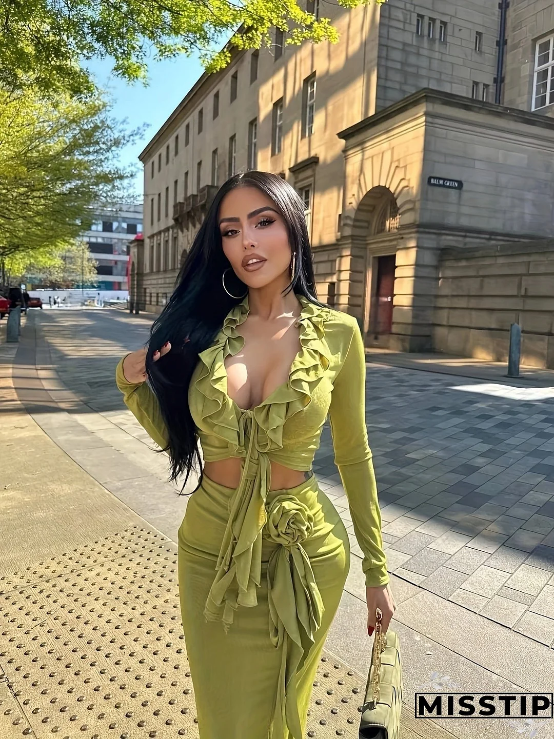 Sexy Ruffle Trim Slim Skirt Set, Long Sleeve Crop Top & Velvet Bodycon Skirt Outfits, Women's Clothing