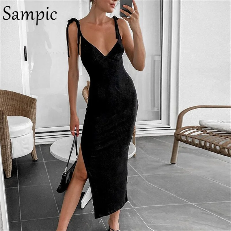 Sampic Sexy Knitted Party Sleeveless Woman Midi Calf Summer Black Bodycon Dress 2021 Night Club Bandage Split Wrap Dress Elegant