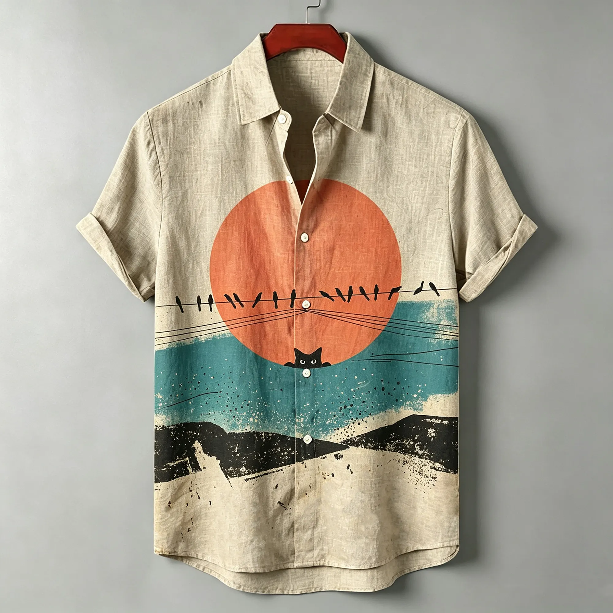 Men's Retro Sunset Bird And Black Cat Print Casual Linen Shirt  artssus