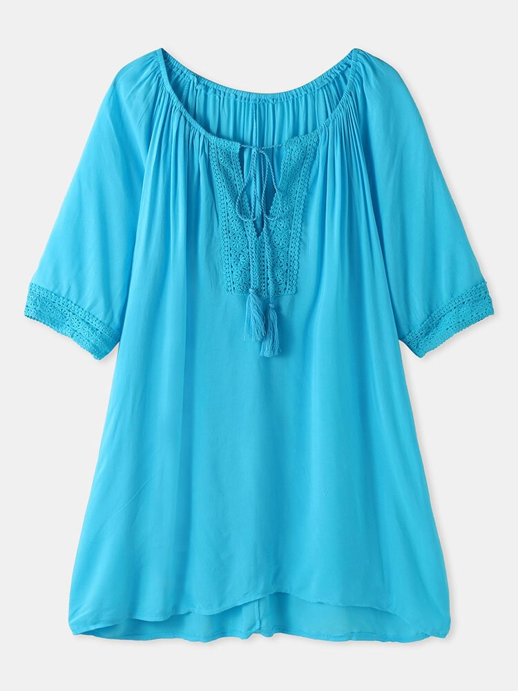 Holiday Solid Color O neck Knotted 3/4 Length Sleeve Patchwork Blouse P1855696