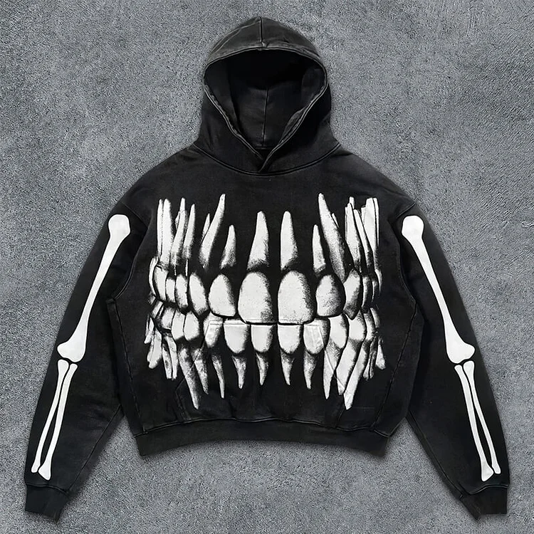 Hip Hop Teeth Skeleton Print Gothic Hoodie Streetwear Y2k Zipless Pocket Hoodie at Hiphopee