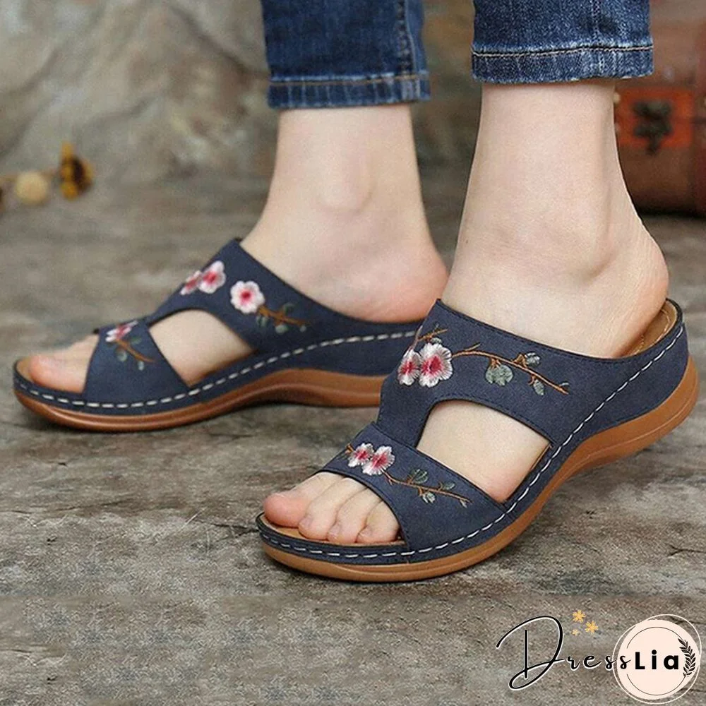 Woman Slippers Vintage Ethnic Flower Platform Flat Shoes Women Comfortable Casual Sandals