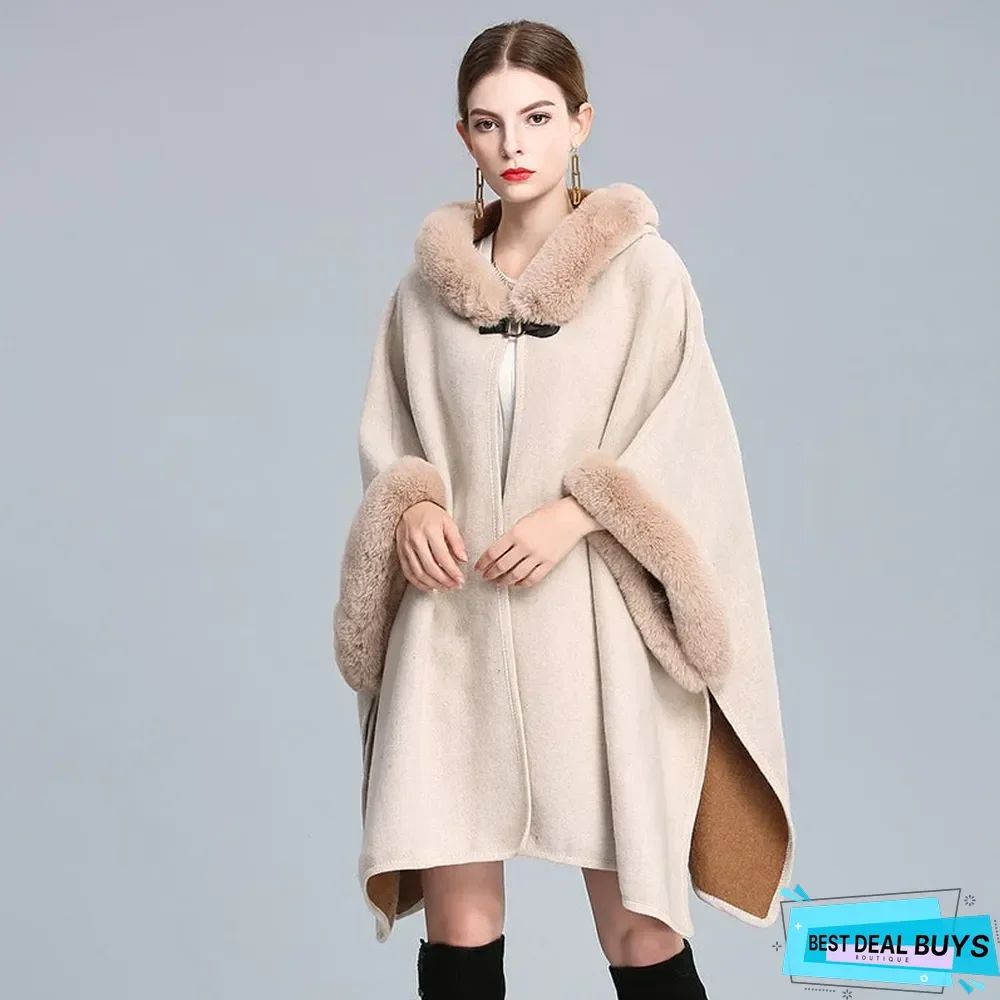 Autumn and Winter Fur Collar Hooded Shawl Cloak Large Size Woolen Coat Loose Cardigan Women